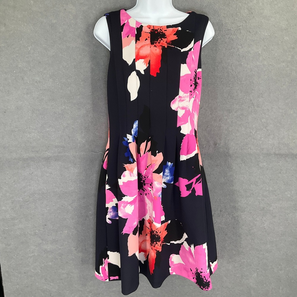 Vince Camuto Floral Pleated Fit Flare Dress Navy Pink Coral Blue Size 10 READ